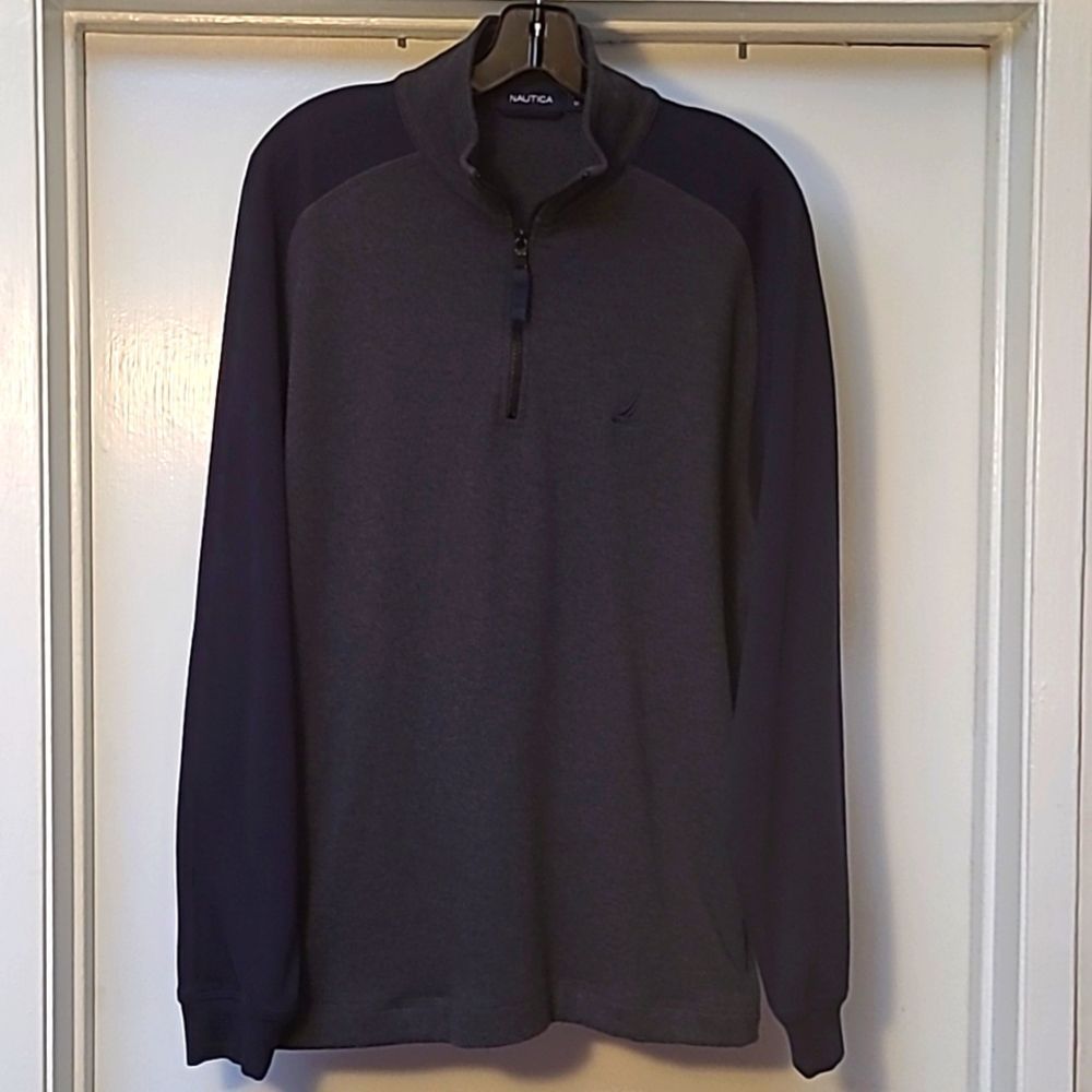 Nautica gray/blue quarter zip sweatshirt/side pockets